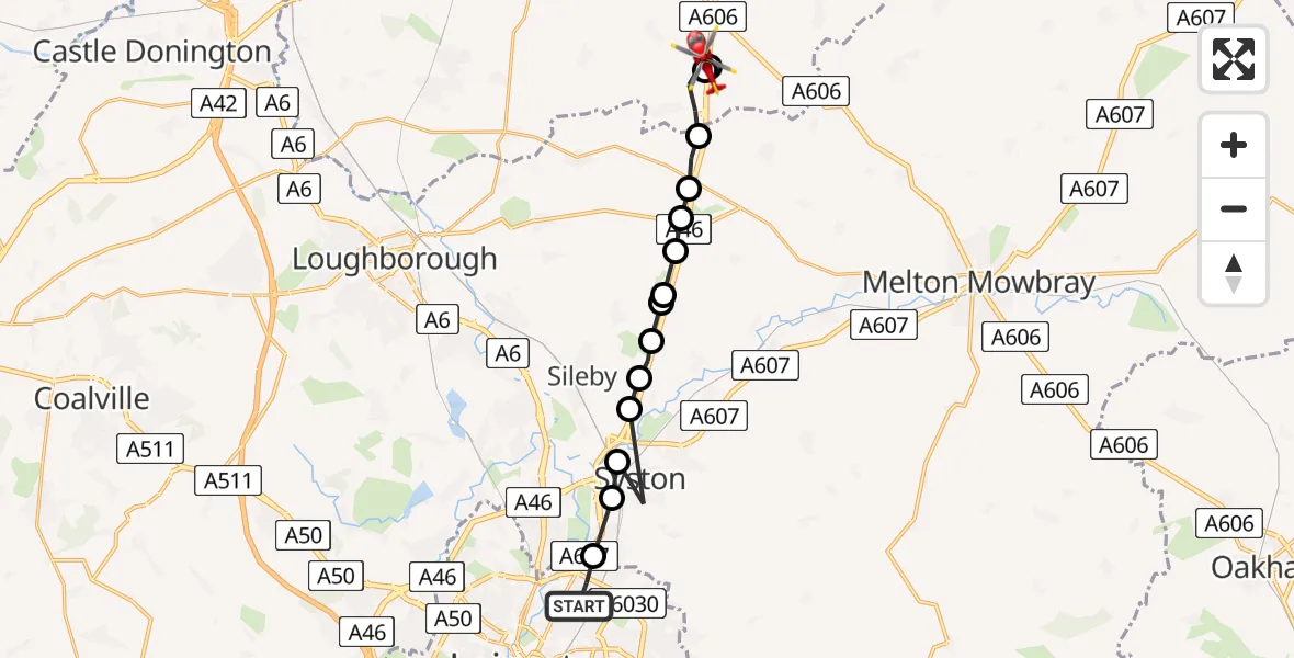 Flight route Air Ambulance Helicopter Rushey Mead - Nottingham Heliport, 15 July 2026, 11:51