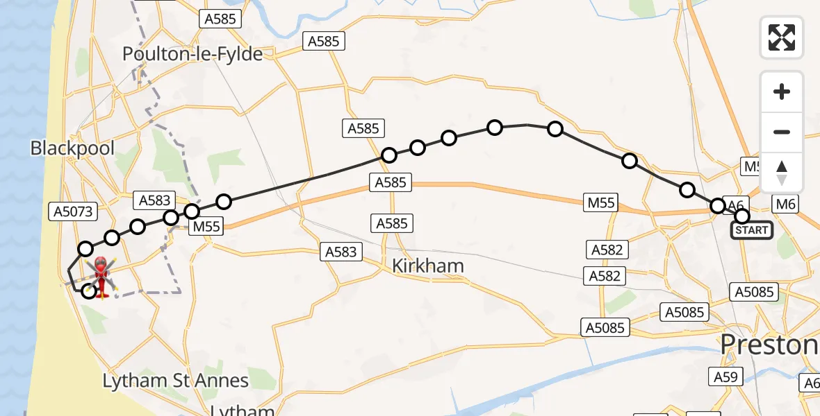 Flight route Air Ambulance Helicopter Royal Preston - Blackpool Airport, 15 July 2026, 11:51