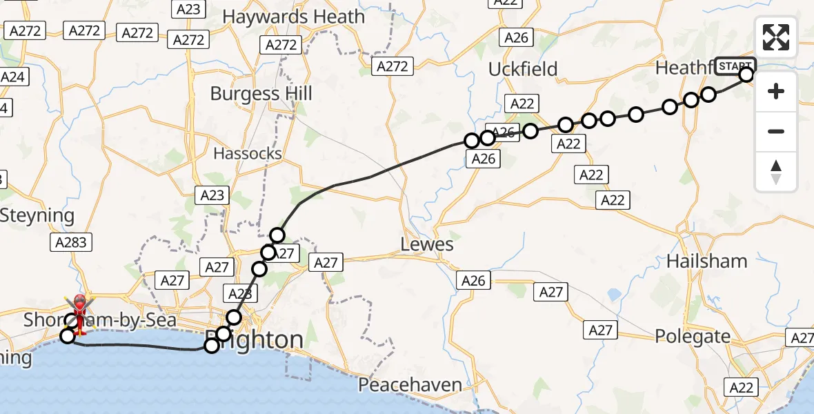 Flight route Air Ambulance Helicopter Broad Oak - Brighton City Airport, 15 July 2026, 12:00