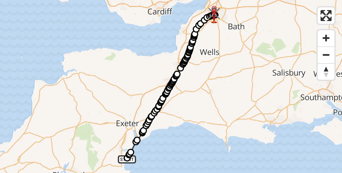 Flight route Air Ambulance Helicopter Torquay - Bristol Royal Infirmary, 15 July 2026, 12:05