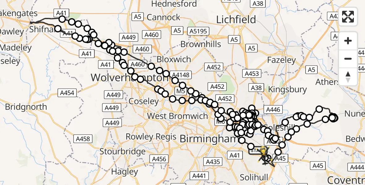 Flight route Police Helicopter Birmingham Airport - Birmingham Airport, 15 July 2026, 12:08