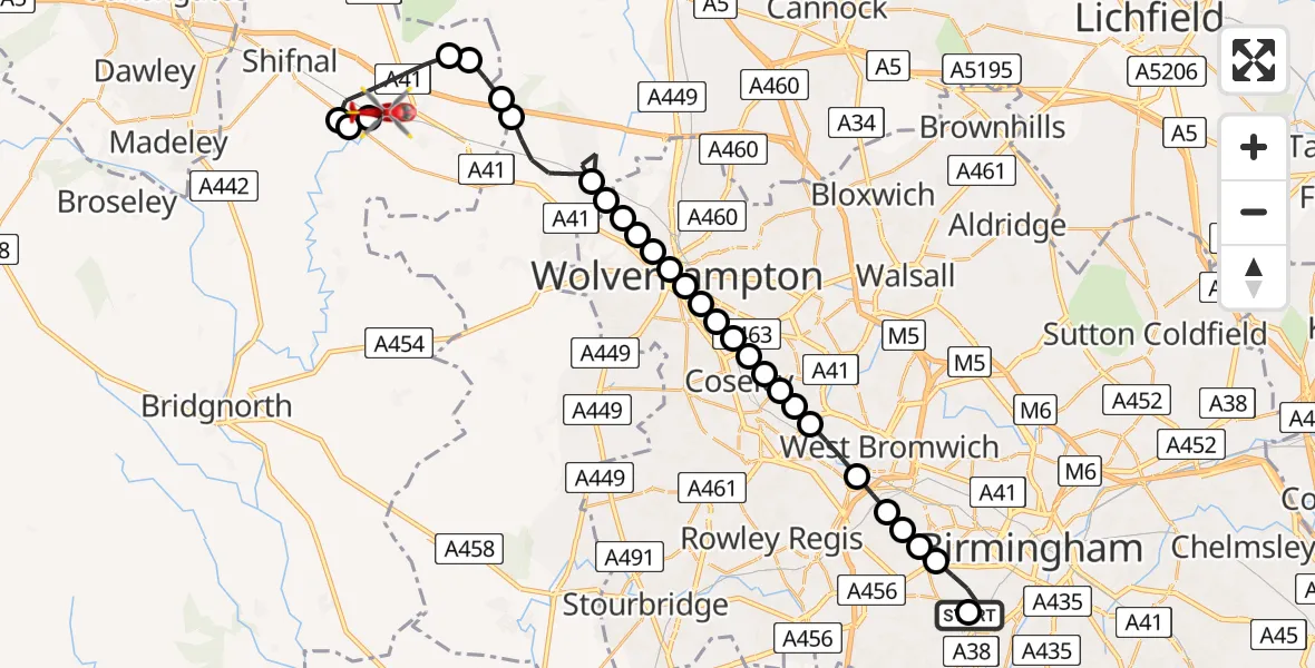 Flight route Air Ambulance Helicopter Queen Elizabeth Hospital Helipad - Cosford, 15 July 2026, 12:09