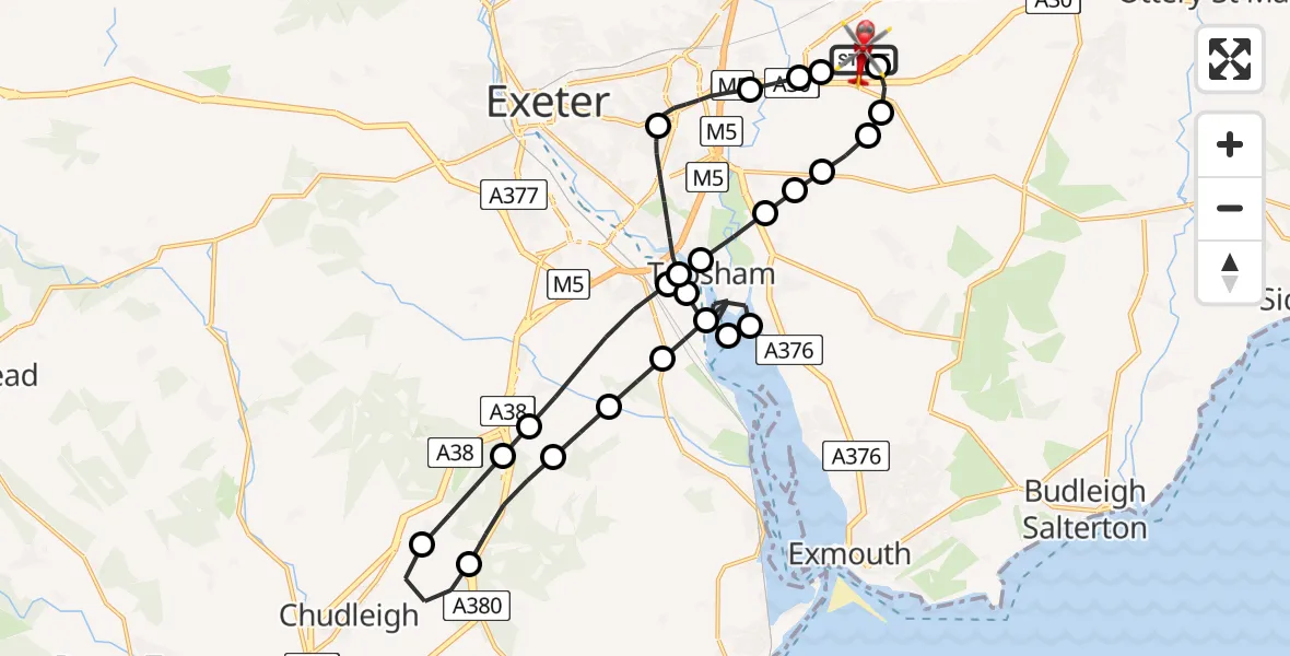 Flight route Air Ambulance Helicopter Exeter International Airport - Exeter International Airport, 15 July 2026, 12:10
