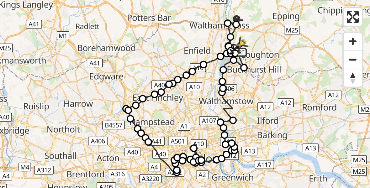 Flight route Police Helicopter Chingford - Sewardstonebury, 15 July 2026, 12:13