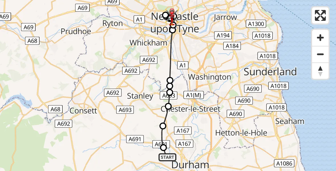 Flight route Air Ambulance Helicopter Bearpark - Newcastle Royal Victoria Infirmary, 15 July 2026, 12:13