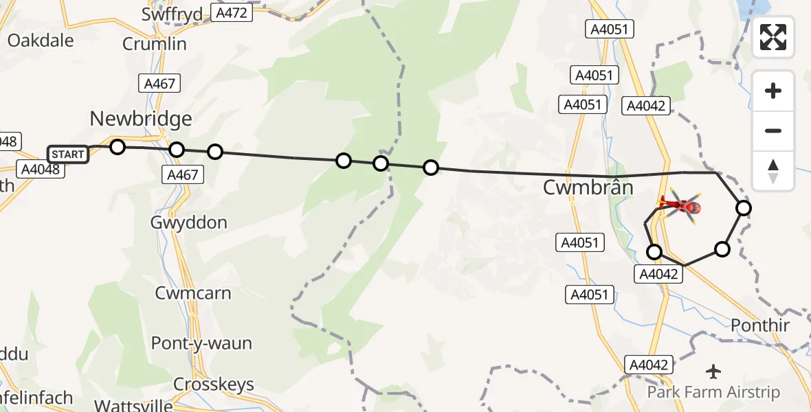 Flight route Air Ambulance Helicopter Newbridge - Grange University Hospital Heliport, 15 July 2026, 12:19