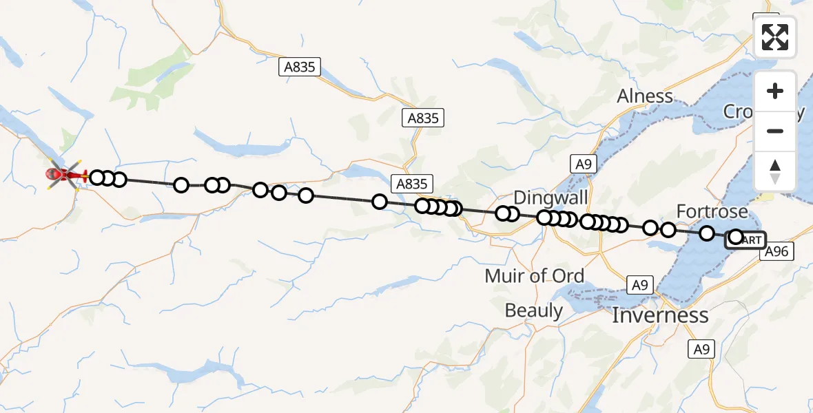 Flight route Air Ambulance Helicopter Ardersier - Kinlochewe, 15 July 2026, 12:22