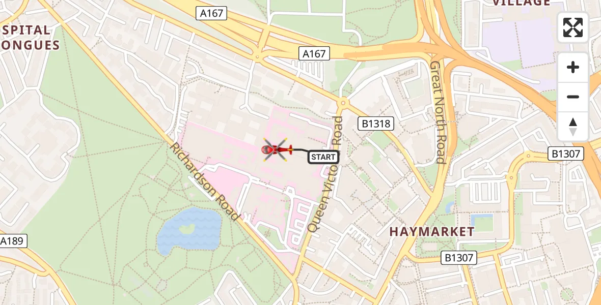 Flight route Air Ambulance Helicopter Newcastle Royal Victoria Infirmary - Newcastle Royal Victoria Infirmary, 15 July 2026, 12:25