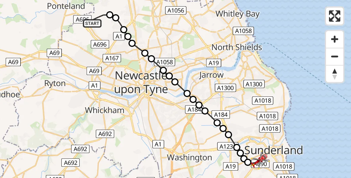 Flight route Air Ambulance Helicopter Newcastle International Airport - Plains Farm, 15 July 2026, 12:26
