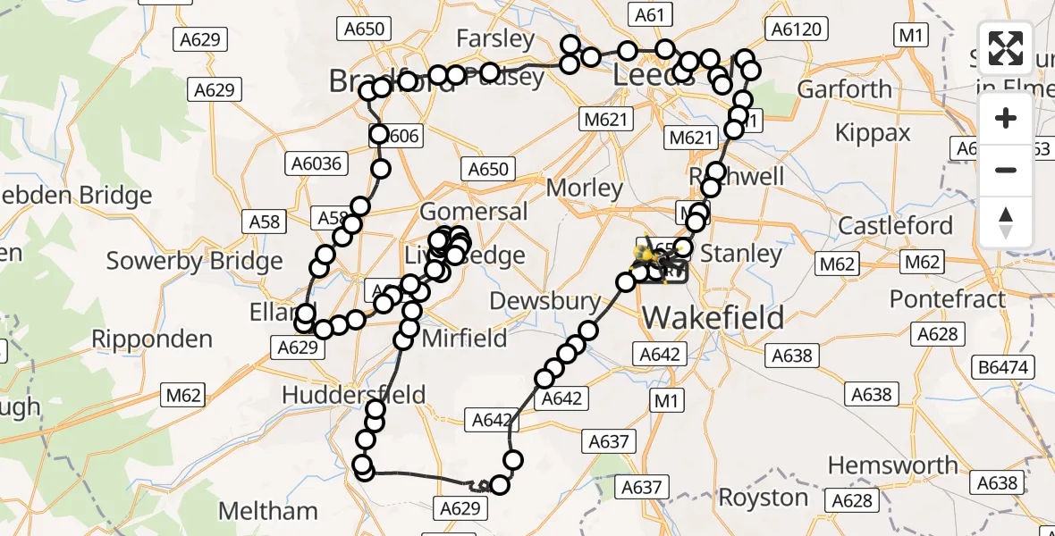 Flight route Police Helicopter Wrenthorpe - East Ardsley, 15 July 2026, 12:37