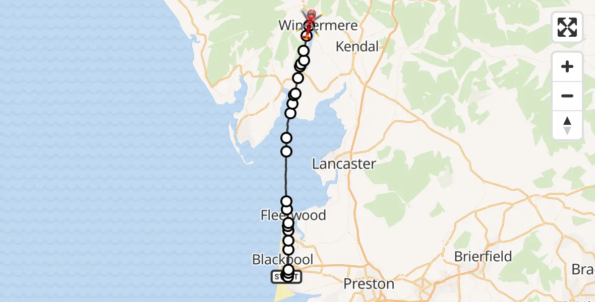 Flight route Air Ambulance Helicopter Blackpool Airport - Windermere, 15 July 2026, 12:44