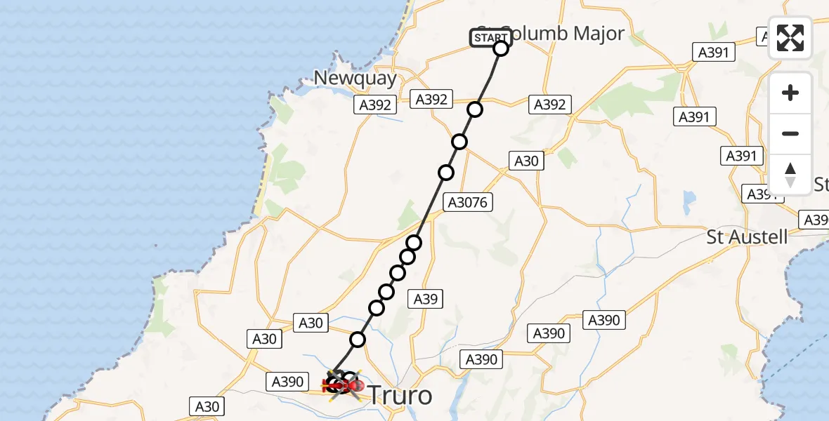 Flight route Air Ambulance Helicopter Cornwall Airport Newquay - Treliske Hospital, 15 July 2026, 12:45