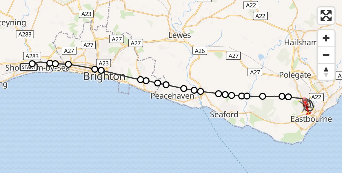 Flight route Air Ambulance Helicopter Brighton City Airport - Eastbourne, 15 July 2026, 12:53