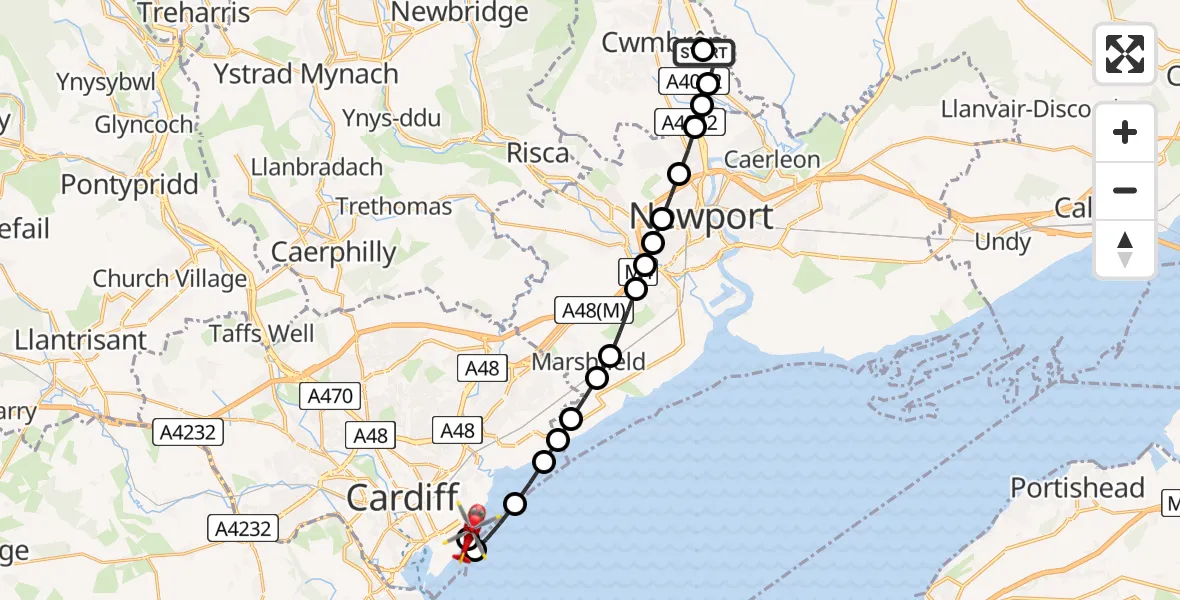 Flight route Air Ambulance Helicopter Grange University Hospital Heliport - Cardiff Heliport, 15 July 2026, 13:07