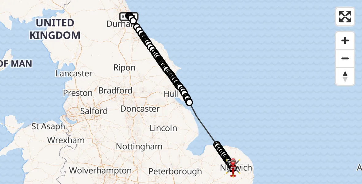 Flight route Air Ambulance Helicopter High Barnes - Norfolk & Norwich Hospital, 15 July 2026, 13:16