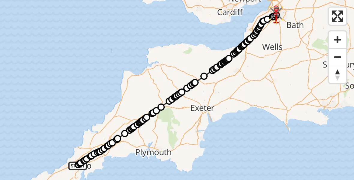 Flight route Air Ambulance Helicopter Treliske Hospital - Bristol Royal Infirmary, 15 July 2026, 13:19