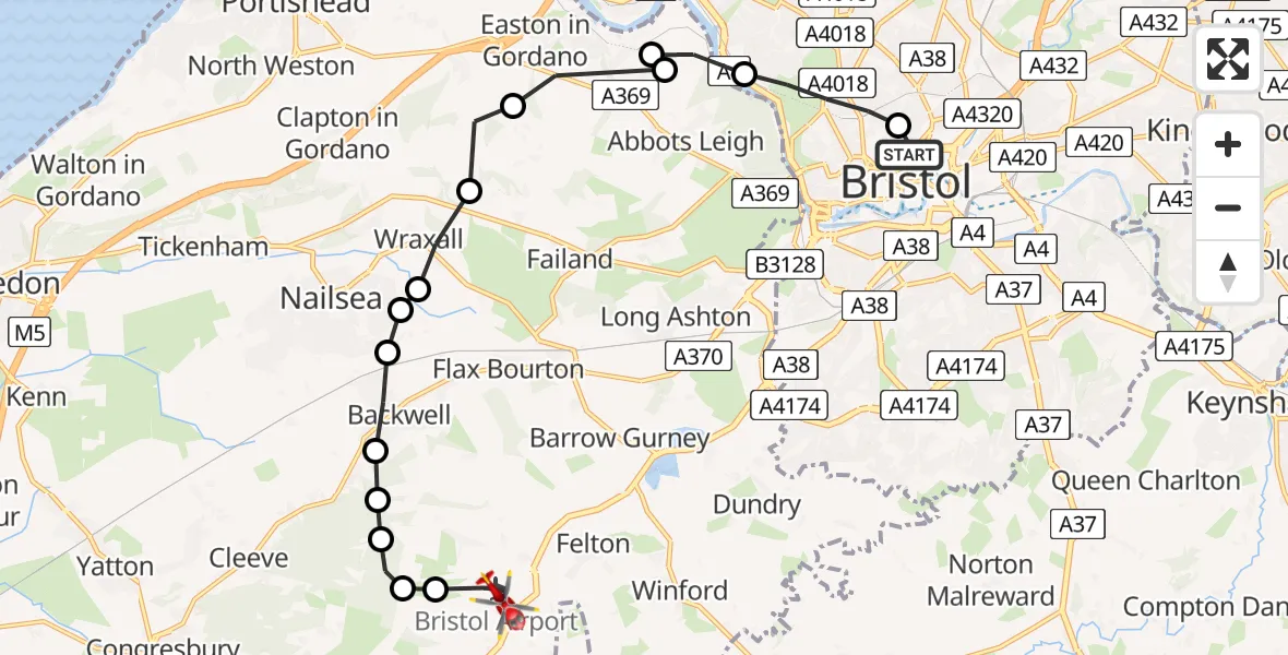 Flight route Air Ambulance Helicopter Bristol Royal Infirmary - Bristol Airport, 15 July 2026, 13:26