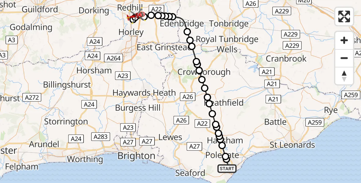 Flight route Air Ambulance Helicopter Eastbourne - Redhill Aerodrome, 15 July 2026, 13:37