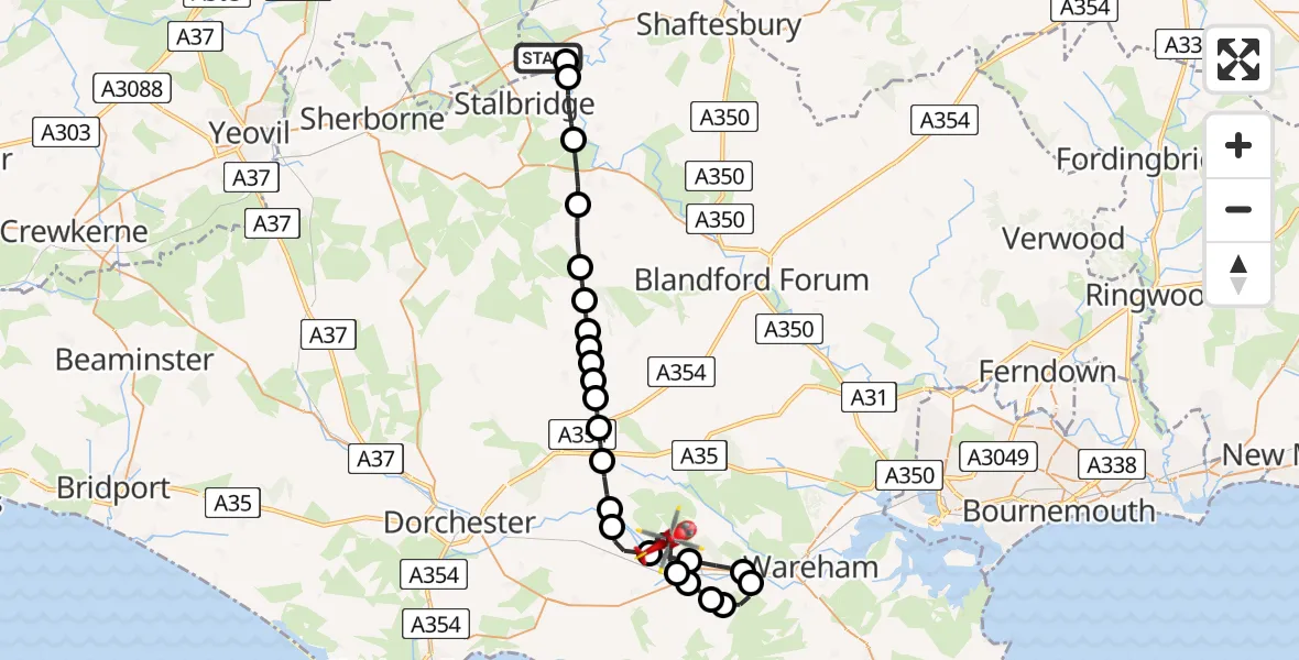 Flight route Air Ambulance Helicopter Henstridge Airfield - Bovington, 15 July 2026, 13:40