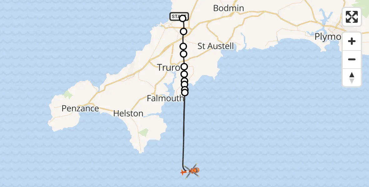 Flight route Coastguard Helicopter Cornwall Airport Newquay - English Channel, 15 July 2026, 13:46