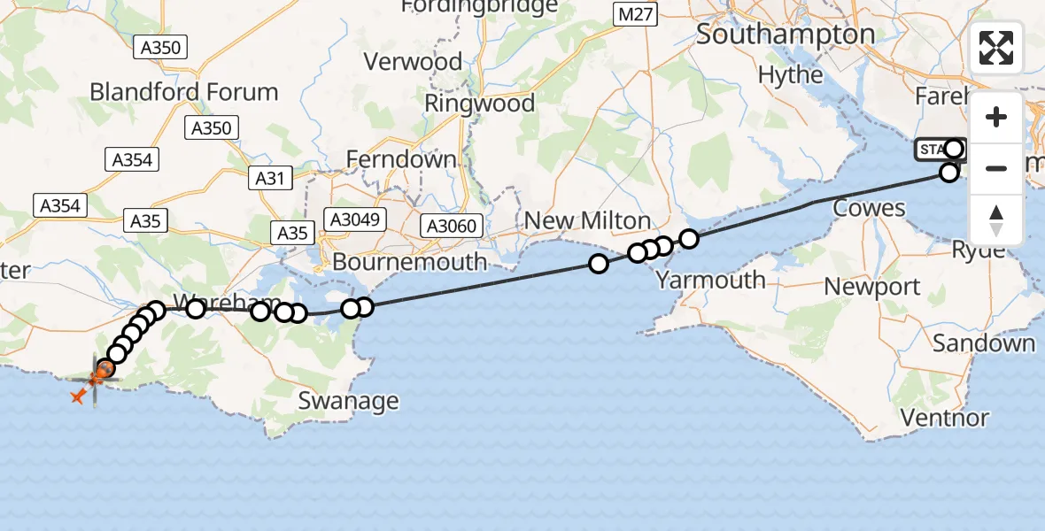 Flight route Coastguard Helicopter Solent Airport - West Lulworth, 15 July 2026, 14:16