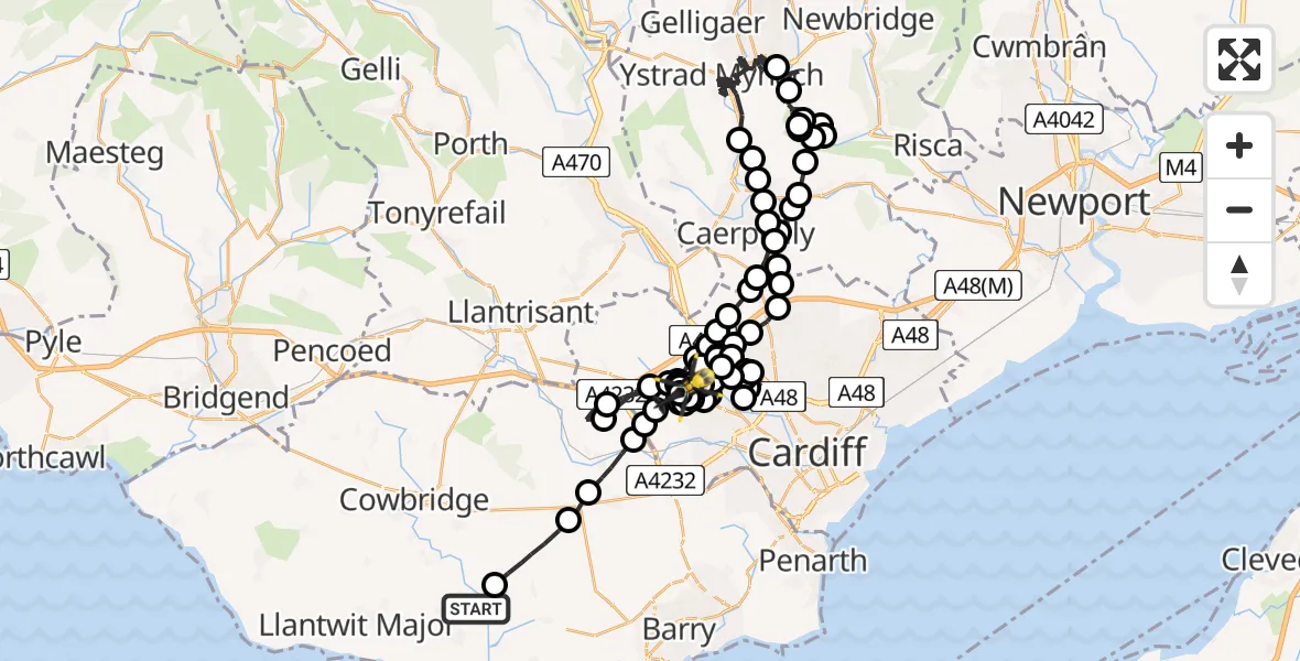 Flight route Police Helicopter St Athan - St Fagans, 15 July 2026, 14:23