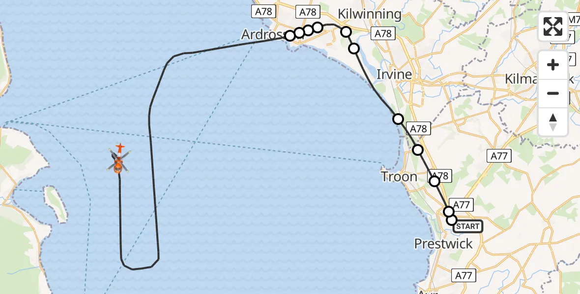 Flight route Coastguard Helicopter Glasgow Prestwick Airport - Inner Seas, 15 July 2026, 14:28