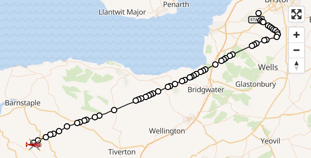 Flight route Air Ambulance Helicopter Bristol Airport - Roborough, 15 July 2026, 14:30