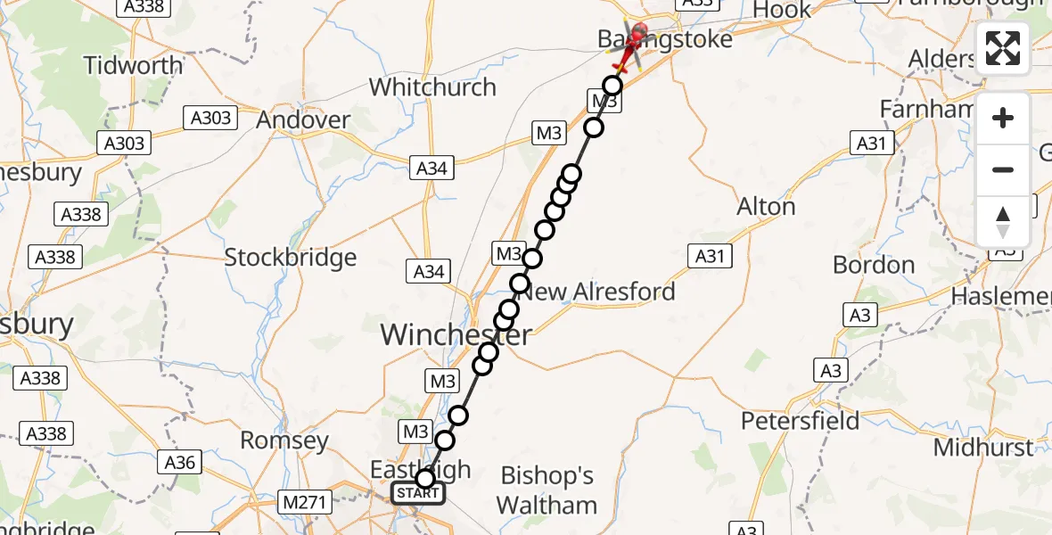 Flight route Air Ambulance Helicopter Southampton Airport - Basingstoke, 15 July 2026, 14:38
