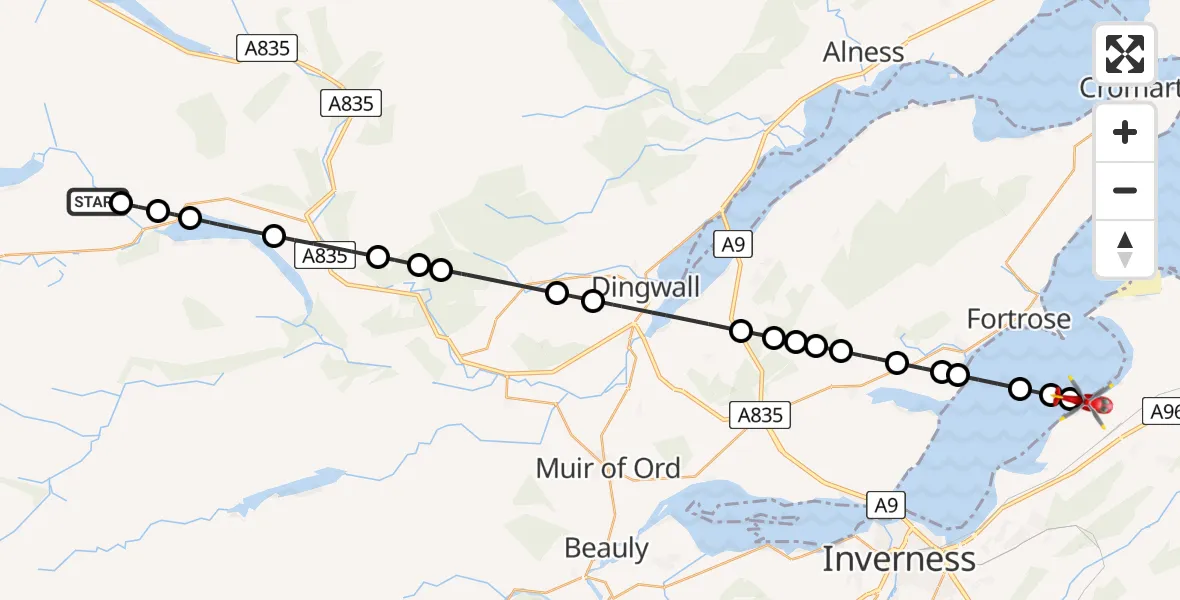 Flight route Air Ambulance Helicopter Aultdearg - Inverness, 15 July 2026, 14:39