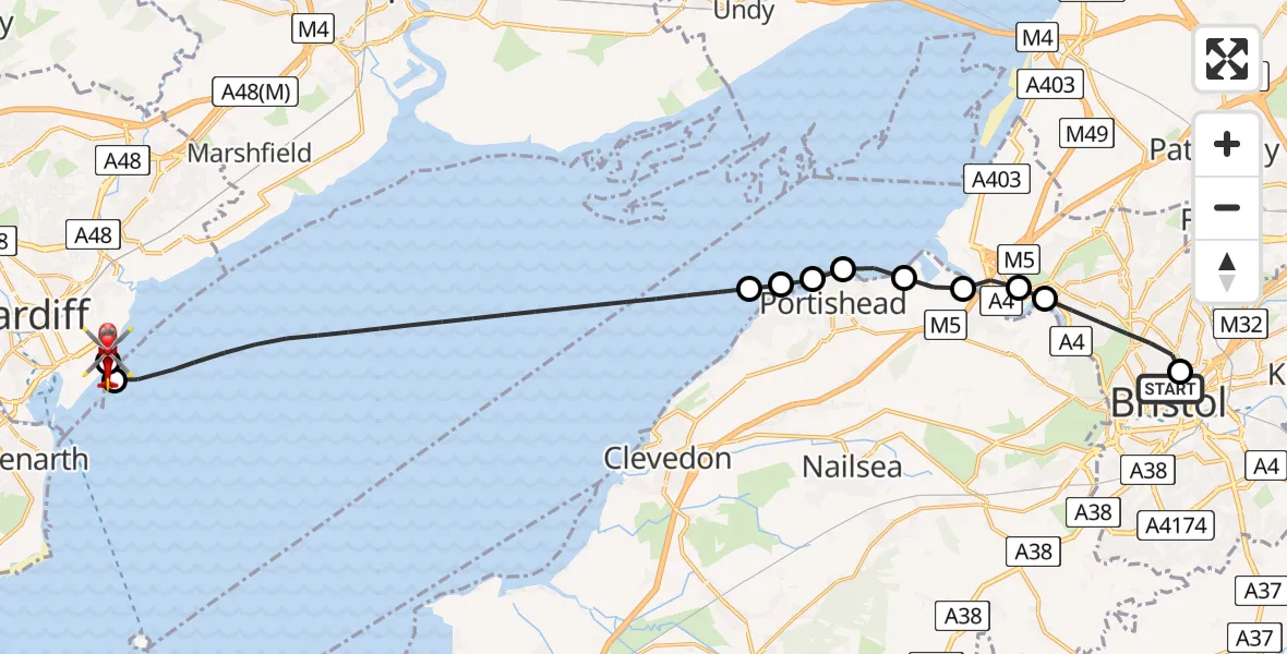 Flight route Air Ambulance Helicopter Bristol Royal Infirmary - Cardiff Heliport, 15 July 2026, 14:40