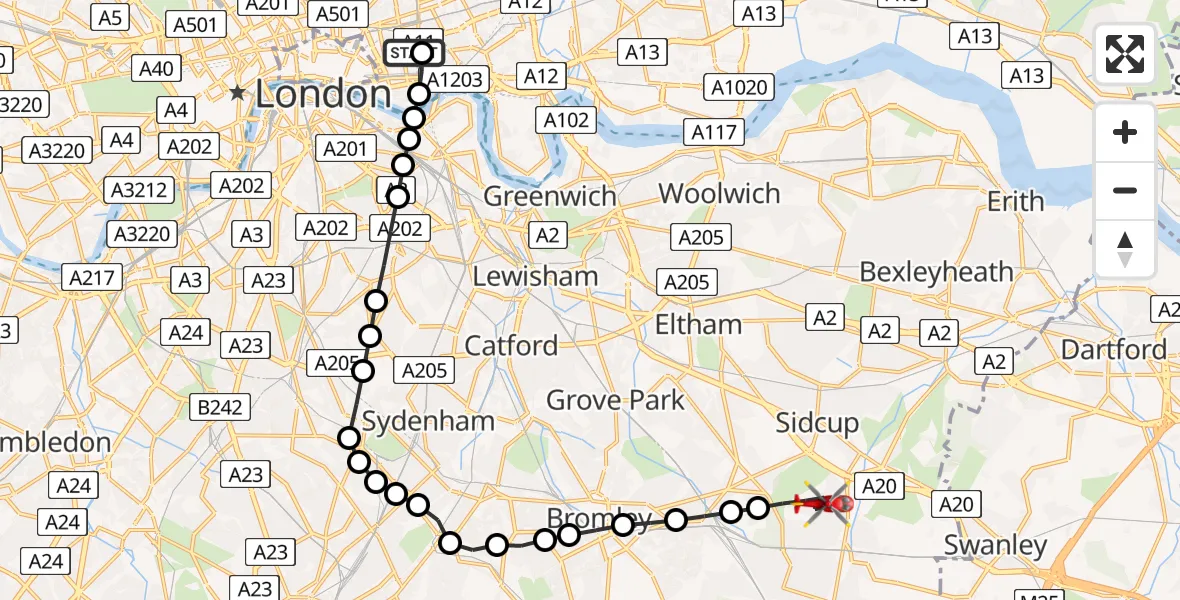 Flight route Air Ambulance Helicopter Royal London Hospital - St Paul's Cray, 15 July 2026, 14:40
