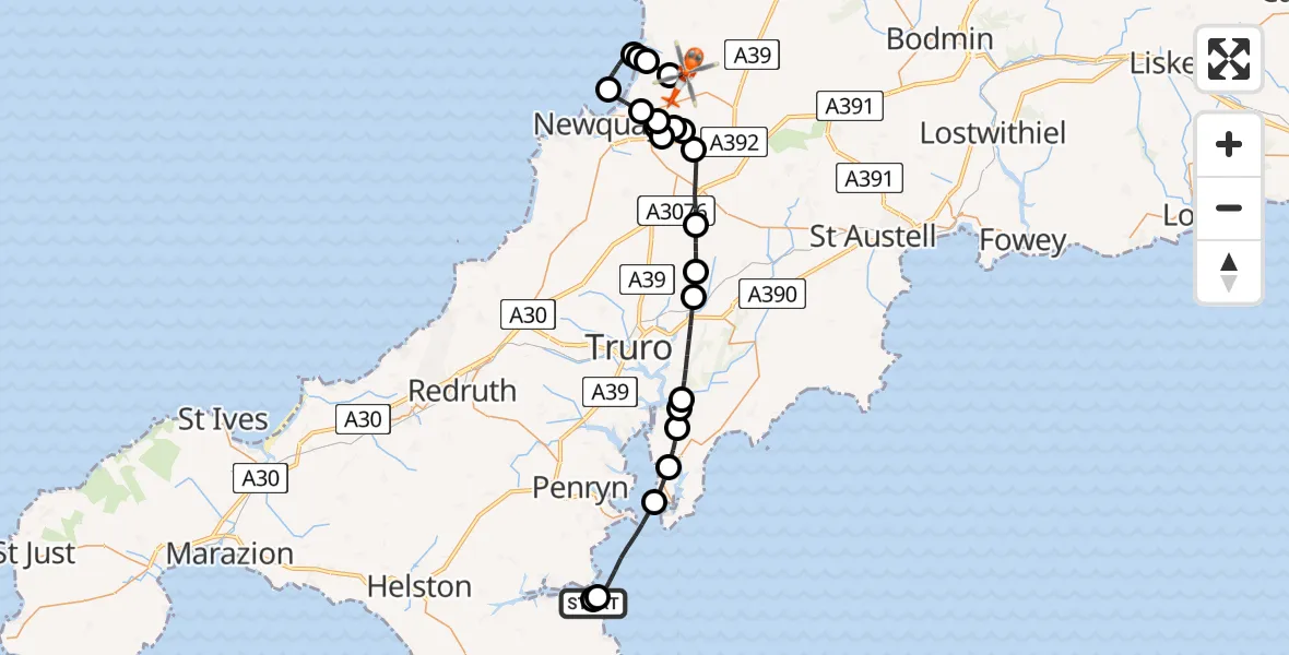 Flight route Coastguard Helicopter English Channel - Cornwall Airport Newquay, 15 July 2026, 14:41