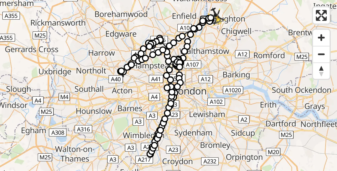 Flight route Police Helicopter Chingford - Metropolitan Police Air Support Unit Lippitts Hill, 15 July 2026, 14:44
