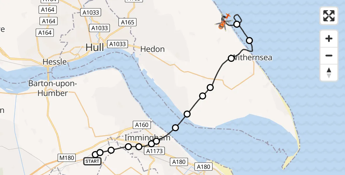 Flight route Coastguard Helicopter Humberside Airport - Roos, 15 July 2026, 14:49