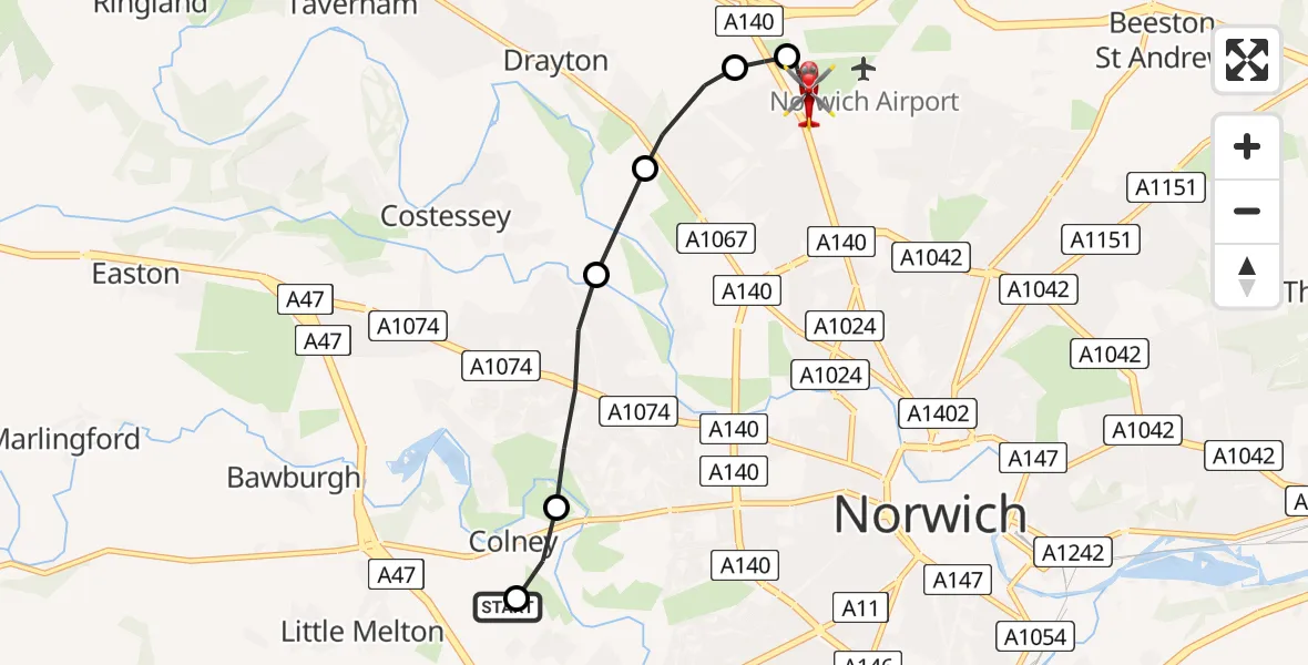 Flight route Air Ambulance Helicopter Norfolk & Norwich Hospital - Norwich Airport, 15 July 2026, 14:56