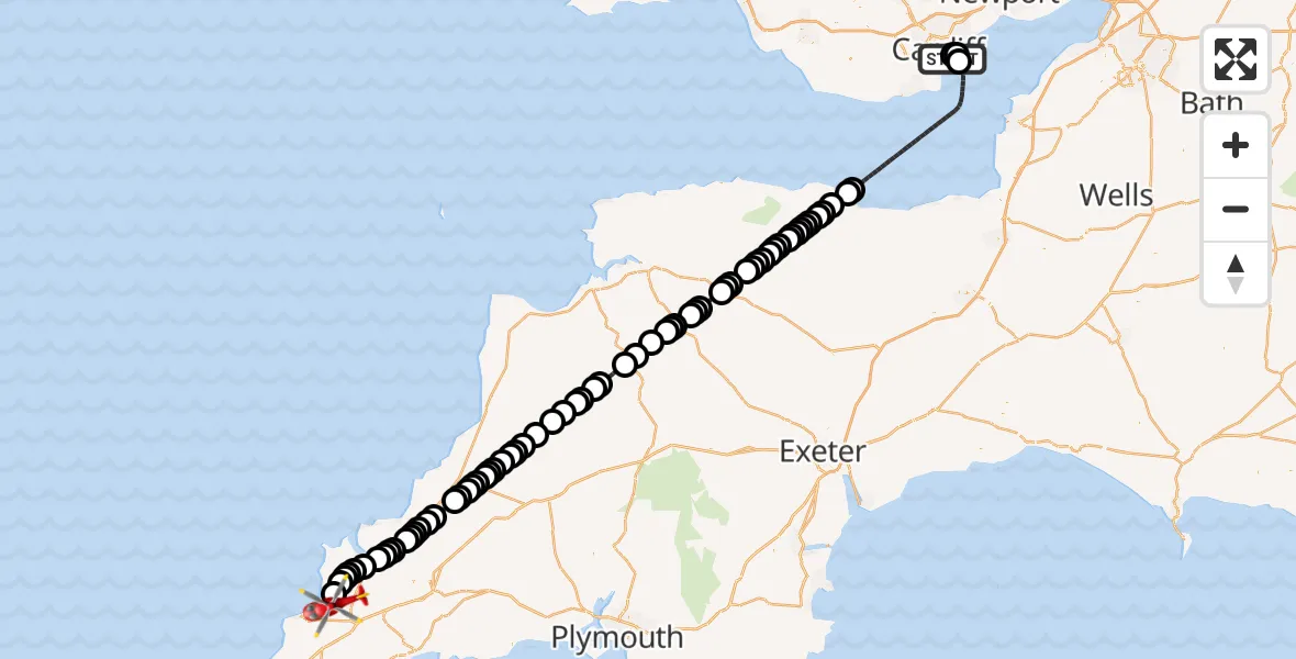 Flight route Air Ambulance Helicopter Cardiff Heliport - Cornwall Airport Newquay, 15 July 2026, 15:04
