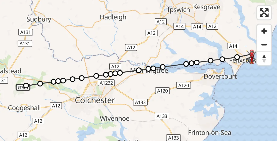Flight route Air Ambulance Helicopter Earls Colne Airfield - Felixstowe, 15 July 2026, 15:11