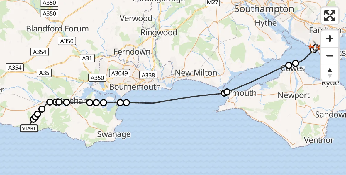 Flight route Coastguard Helicopter West Lulworth - Solent Airport, 15 July 2026, 15:11