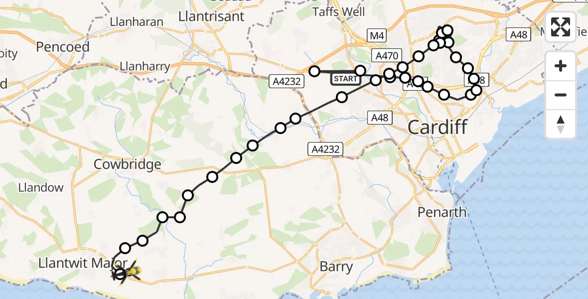 Flight route Police Helicopter Radyr - MOD St Athan, 15 July 2026, 15:15