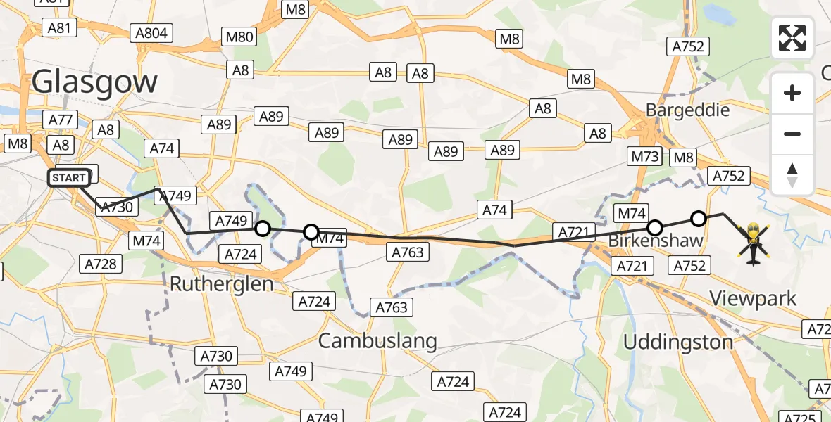 Flight route Police Helicopter Glasgow - Viewpark, 15 July 2026, 15:15