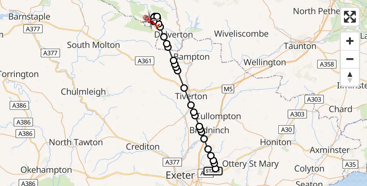 Flight route Air Ambulance Helicopter Exeter International Airport - Hawkridge, 15 July 2026, 15:16