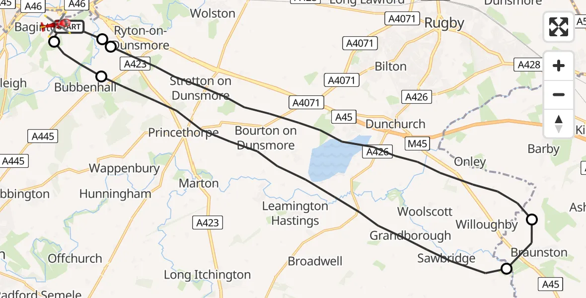 Flight route Air Ambulance Helicopter Coventry Airport - Willenhall, 15 July 2026, 15:29