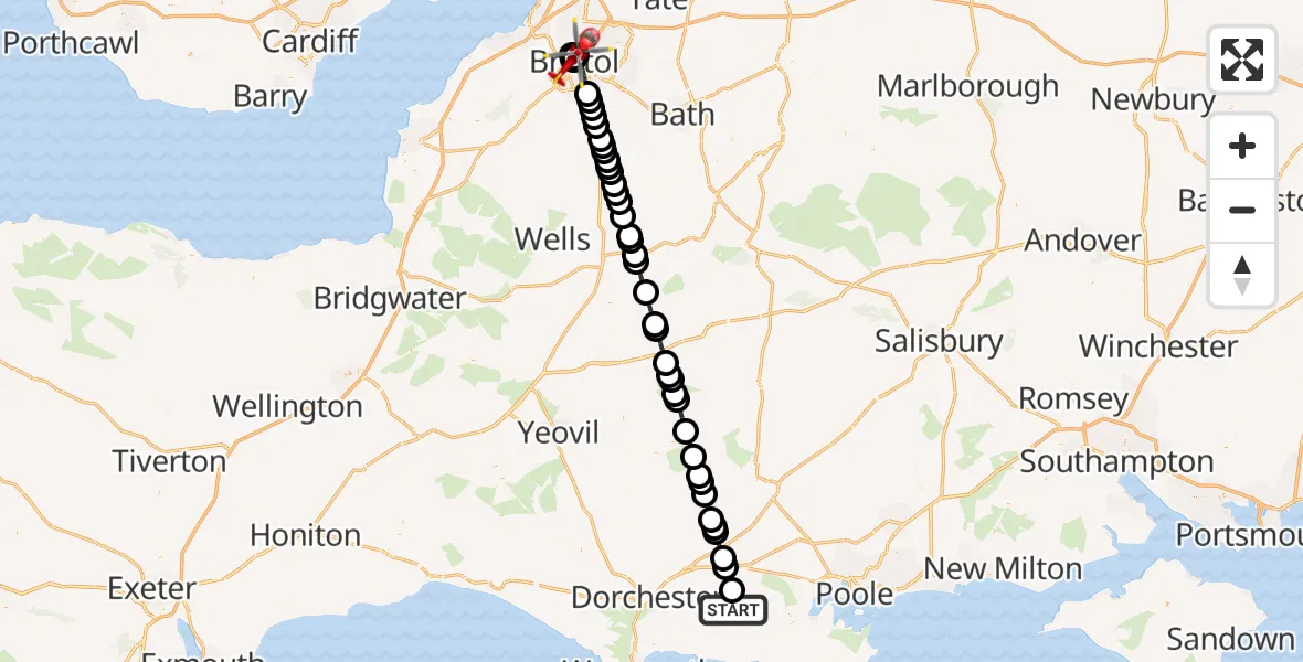 Flight route Air Ambulance Helicopter Bovington - Bristol Royal Infirmary, 15 July 2026, 15:31