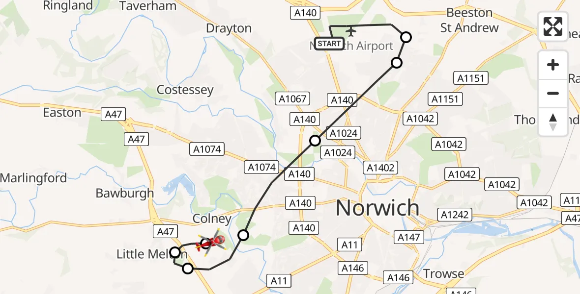 Flight route Air Ambulance Helicopter Norwich Airport - Norfolk & Norwich Hospital, 15 July 2026, 15:32