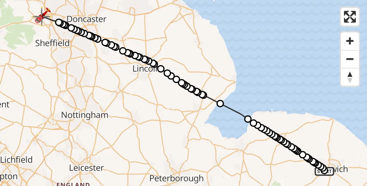 Flight route Air Ambulance Helicopter Norfolk & Norwich Hospital - Barnsley, 15 July 2026, 15:53