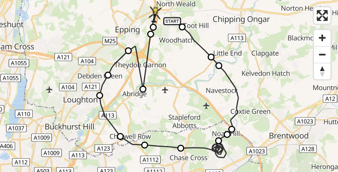 Flight route Police Helicopter Woodhatch - Coopersale, 15 July 2026, 16:06
