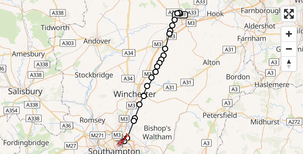 Flight route Air Ambulance Helicopter North Hampshire Hospital - Midanbury, 15 July 2026, 16:12