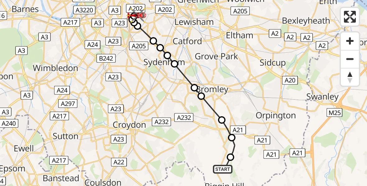 Flight route Air Ambulance Helicopter London Biggin Hill Airport - Kings College London Hospital, 15 July 2026, 16:19