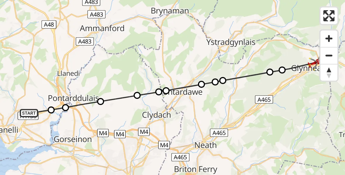 Flight route Air Ambulance Helicopter Dafen - Glynneath, 15 July 2026, 16:21
